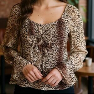 Y2K Womens Blouse 100% SILK LEOPARD Tan Browns PRINT Button Up Long Sleeve SZ L